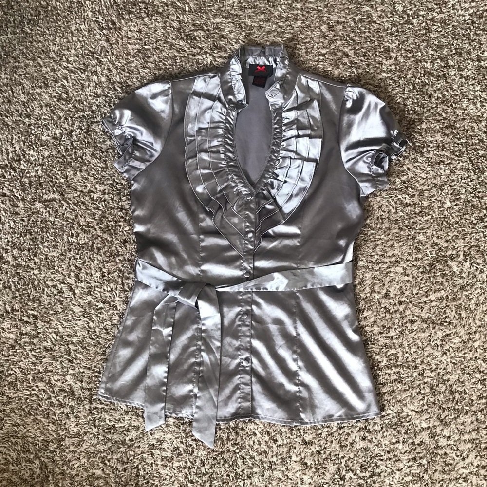 Silver Button up Front Tie Blouse.
